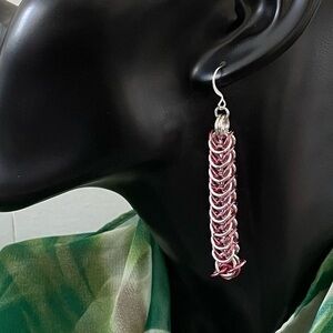 2/$49 Hand Crafted Lightweight Long Chain Mail Earrings Pink Silver Hand Linked